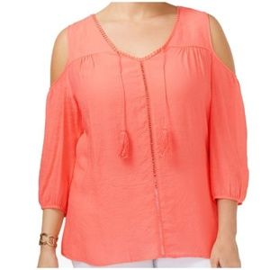 NY Collection Women's Cantaloupe Crochet Cold Shoulder Peasant Top Plus Size 2X